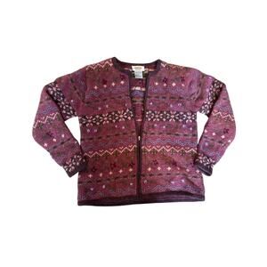 Talbots Hand Knit Cardigan Pink Fair Isle 100% Lambswool Floral Zip - Size S